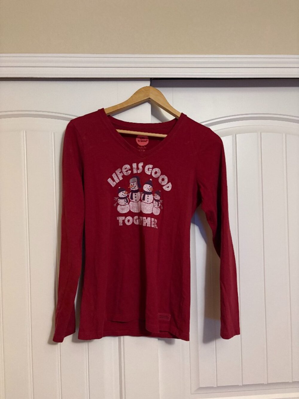 Life is Good Together T Shirt Snowmen Graphic Small Red Long Sleeve Crusher